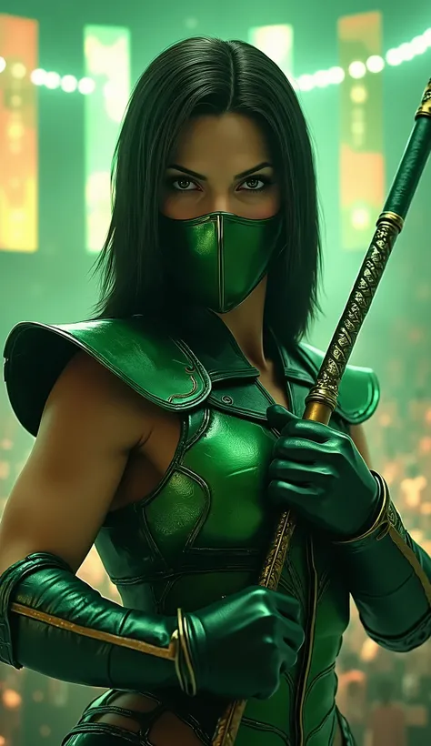 Ultra-realistic portrait of Sandra Bullock as Jade from Mortal Kombat, upper body focus. She has a determined, focused expression, dark straight hair styled back, and emerald green eyes. She wears Jade’s iconic green ninja armor with gold accents, leather ...