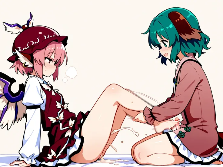 masterpiece, futa with female, female is Kasodani Kyouko, clothed, footjob, from side, motion blur, BREAK futa is Mystia Lorelei, small penis, cum, 