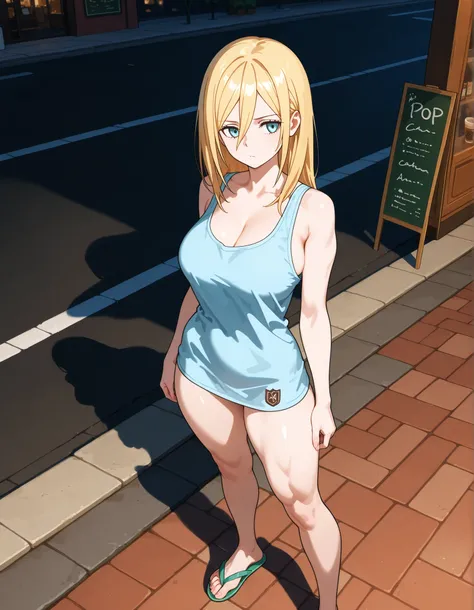 Girl standing on the sidewalk, flip-flops on her feet. Beautiful waitress. Beautiful woman in her twenties, blonde hair, thin face, Krista Lenz face, tall and athletic woman, wearing a thin sleeveless shirt, a large, loose-fitting tank top, an oversized sh...