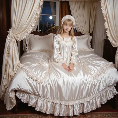 Realistic,highest quality, masterpiece, highest resolution, artwork, super get used to it, many become familiar with, become familiar with, get used to it,change,,little girl, before bedtime,((twelve years old)),european,((blonde very longhair:1.0)),(((whi...