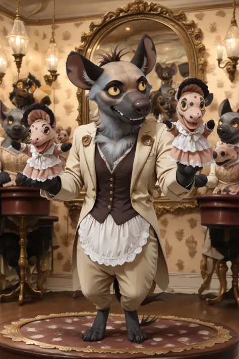 masterpiece, best quality, ultra-highres, ((hyena boy Cheezi)), ((male nanny outfit)), ((spotted fur)), ((bare paws)), ((yellow sclera)), ((long tailcoat with lace)), ((Victorian apron)), ((playing with puppet theater)), ((mysterious aura)), ((vintage toys...