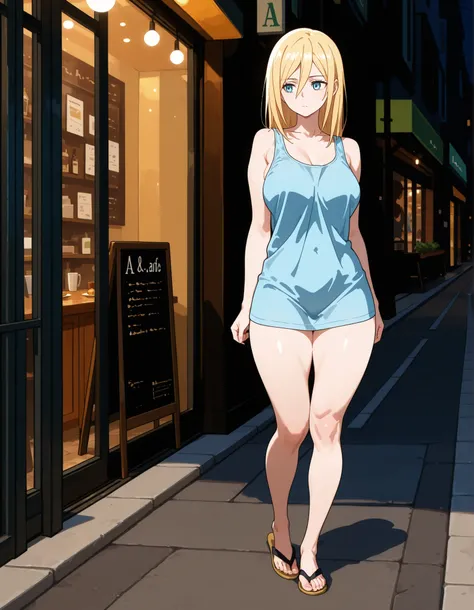 Girl standing on the sidewalk, flip-flops on her feet. Beautiful waitress. Beautiful woman in her twenties, blonde hair, thin face, Krista Lenz face, tall and athletic woman, wearing a thin sleeveless shirt, a large, loose-fitting tank top, an oversized sh...