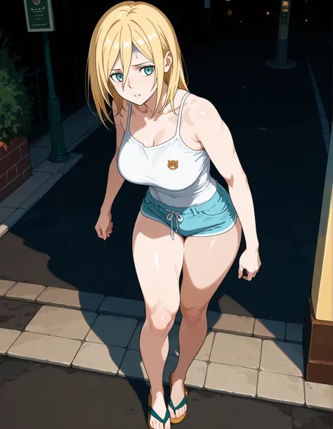 Girl standing on the sidewalk, flip-flops on her feet. Beautiful waitress. Beautiful woman in her twenties, blonde hair, thin face, thin face, Krista Lenz face, tall and athletic woman, short tank top, tiny shorts, thin tank top with spaghetti straps, thic...