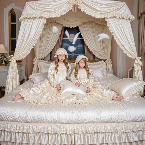 Realistic,highest quality, masterpiece, highest resolution, artwork, super get used to it, many become familiar with, become familiar with, get used to it,change,before bedtime, ,little girl, happy,smile,on the bed,((cute girl on a big bed)),((As a child )...