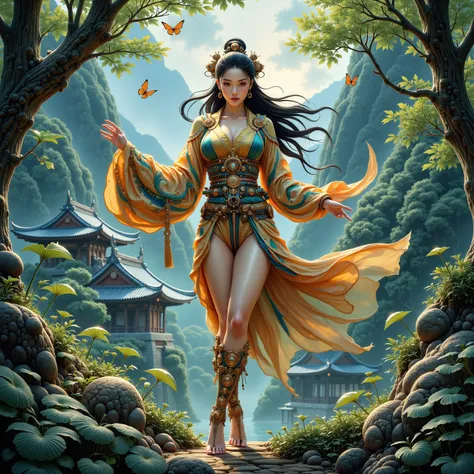 masterpiece, 8k, best quality, (best illustration), Frank Frazetta art, digital art, semi-realism, (frontal view: 1.2), full body, gorgeous Japanese woman, shinobi, outift with long patterned silk, she is dancing in the air, hovering above the ground, grac...