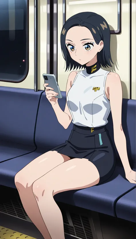 Comoli Harcourt,dark haired,short hair,Black Tight Skirt,white sleeveless shirt,swimsuits sitting on,thighs,Inside the Train,having a smartphone,Ulchan -6500-v1.1, (RAW pictures:1.2), BEAUTIFUL DETAILS, Very Detailedな目 美しい目,beautiful eyes,brown eyes, file ...