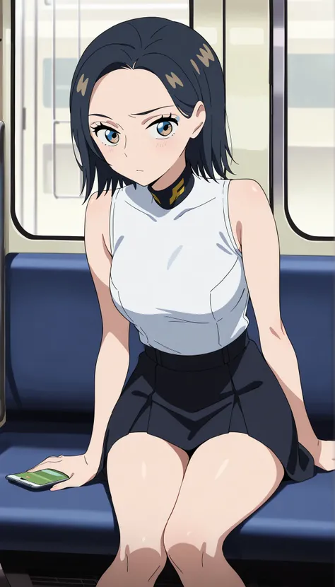 Comoli Harcourt,dark haired,short hair,black skirt,white sleeveless shirt,swimsuits sitting on,thighs,Inside the Train,having a smartphone,Ulchan -6500-v1.1, (RAW pictures:1.2), BEAUTIFUL DETAILS, Very Detailedな目 美しい目,beautiful eyes,brown eyes, file size i...