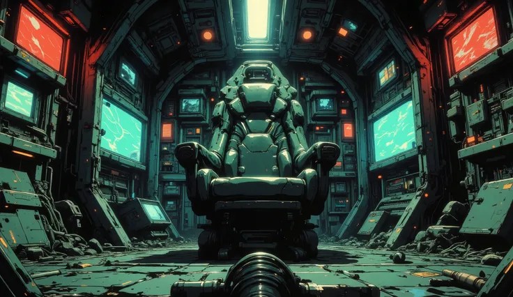 [[Anime Scene]] A masterpiece, very current, high-quality, 90s-style anime scene, with a dark and retro atmosphere, inspired by 90s anime. Low angle, a retro-style spaceship room, the scene shows an empty pilot's chair right in the center of the image, low...