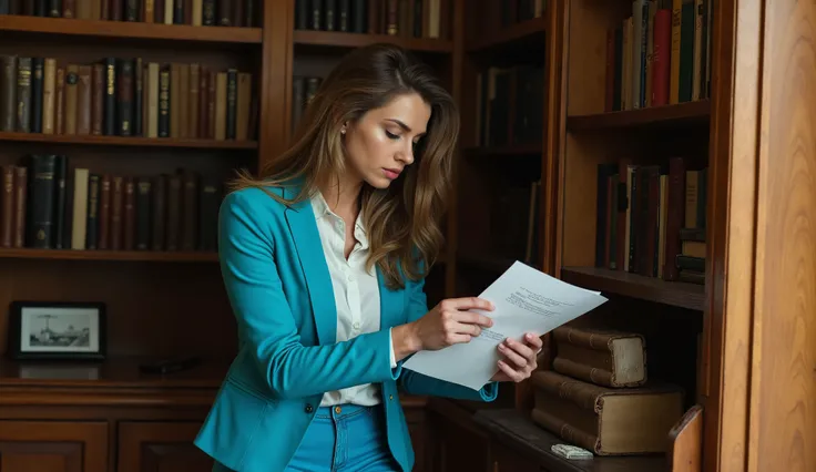 Eleanor, a beautiful and sensual woman (a very beautiful woman, with long brown hair, blue eyes, dressed in 21st century work clothes, business ensemble with turquoise blue jacket, turquoise blue skirt and white shirt), Eleanor rummages through old papers ...