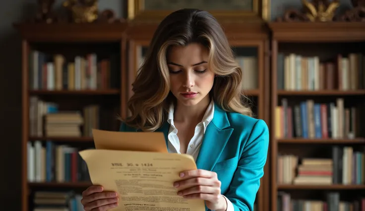 Eleanor, a beautiful and sensual woman (a very beautiful woman, with long brown hair, blue eyes, dressed in 21st century work clothes, business suit with turquoise blue jacket, turquoise blue skirt and white shirt), Eleanor directs her gaze, with great att...