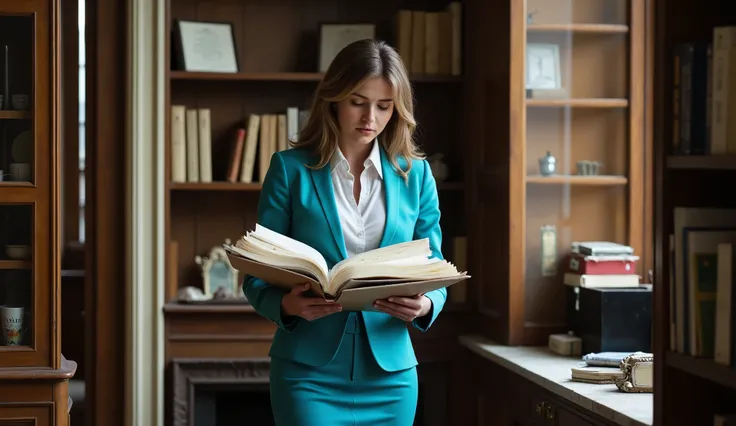 Eleanor, a beautiful and sensual woman (a very beautiful woman, with long brown hair, blue eyes, dressed in 21st century work clothes, business suit with turquoise blue jacket, turquoise blue skirt and white shirt), Eleanor directs her gaze, with great att...