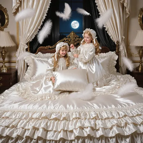 Realistic,highest quality, masterpiece, highest resolution, artwork, super get used to it, many become familiar with, become familiar with, get used to it,change,before bedtime, ,little girl, happy,smile,on the bed,((cute girl on a big bed)),((As a child )...