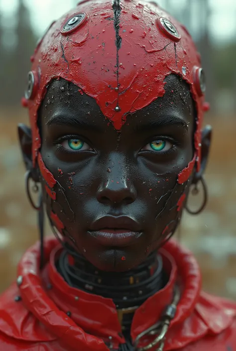 full-length view. Red and black female cyborg. dynamic picture, the cyborg's entire body is in motion. porcelain face and head , no hair, detailed realistic close-up, mud, dust, Canon 5d cinematic frame, ultra leather, porcelain face and head , beautifu...