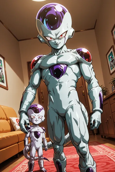 1 boy, frieza, red eyes, colored skin, tail, standing, in the living room, child, holding a child, looking at the viewer, villain, being a babysitter, detailed hands, dynamic angle, smile, scary, top quality, supreme masterpiece, ultra detailed, very aesth...