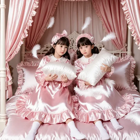 American girls,on the bed,((cute girls on a big bed)),((Childhood )),((Little Girls)), ((little girls pillow fighting on the bed,pillow fight:1.2,)),they have ruffled silk satin pillows,((lots of white feathers dancing,detailed realistic feather:1.0)),shor...