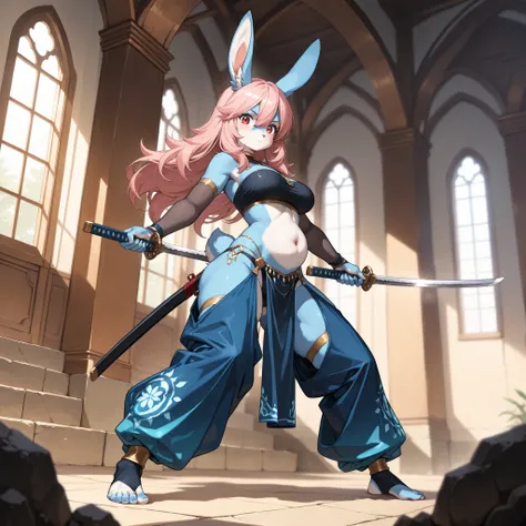 (masterpiece, best quality, amazing quality, very aesthetic, high resolution, ultra-detailed, absurdres, newest, scenery, 1girl, solo, rabbit ears, blue ears, rabbit tail, blue tail, pink hair, long hair, hair between eyes, red eyes, furry, kemono, blue bo...