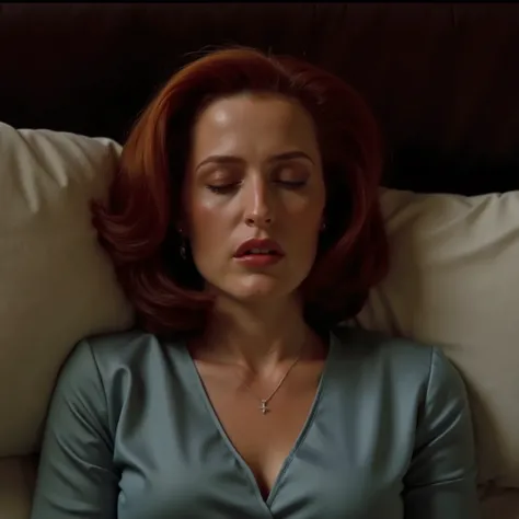 A professional photo of Dana Scully. Cinematic lighting. Liv Tyler is sleeping on the bed. Her eyes are closed. She has silk gown on. (View from above). Morning time, well lit bedroom, (Dana Scully), (wavy red hair), (aquiline nose), (bed), (pillows), (coz...