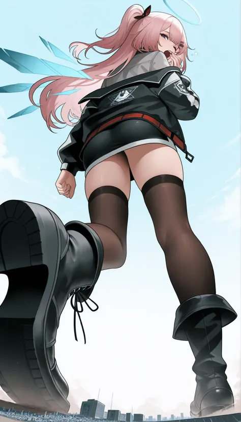 score_9_up, score_8_up, score_7_up, (giantess:1.4), microcity, 1girl, solo, ambriel \(arknights\), huge boots, purple eyes, pink hair, one side up, halo, hair hair ornament, hairclip, gray shirt, black jacket, open jacket, thighhighs, black lace-up boots, ...