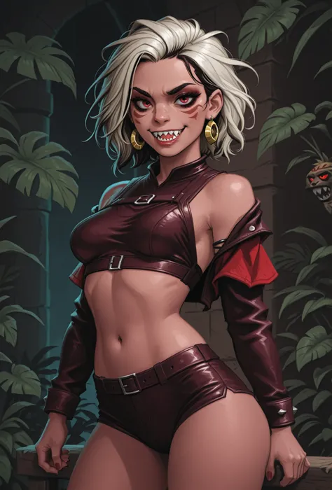 Drawn like the artist Bob Kehl. The indiginous (Inca) girl has white and dark hair, red-coloured eyes, with sharp teeth. She wears an Aztec leather dress. She has small breasts. Atmospheric lighting. Darker skin. Darker colours. She looks like Wednesday Ad...