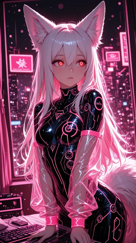 masterpiece, best quality, good quality,
pink theme, vibrant mood, anime, animal ears, solo, Serenity, blurry background, depth of field, silhouette skyline, [bokeh], 1girl, solo, high quality detailed long hair, white hair, long hair, fluffy (fox ears), hair between eyes, red-orange eyes, see-through sleeves, soft [realistic] texture, dynamic angle, looking to the side, blurry background, black (digital technological neon circuit bodysuit), best quality, amazing quality, very aesthetic, absurdres, high quality, hd, 8k, high octane render, pixel density, night, special emitting [glow eyes], dimly lit room,
best quality, high resolution, cinematic screencap,
HDR,
((masterpiece)), newest, ((incredibly absurdres)), ((best quality)), amazing quality, very aesthetic, (ultra-detailed), highly detailed, 32k, depth of field, high contrast