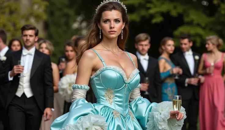 Eleanor, a beautiful and sensual woman (a very beautiful woman, with long brown hair, blue eyes, dressed in a beautiful, lush dress marking her forms in turquoise blue, a 19th century dress), Eleanor is at a festive gathering with several guests, women and...