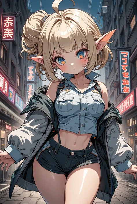 ultra detailed, absolutely resolution, masterpiece. 
cool beauty sexy elf, white shining glossy silky updo, captivating sparking eyes, lewd beauty expression, make up, lewd great body proportion, large breasts, wearing police uniform with miniskirt. 
backg...