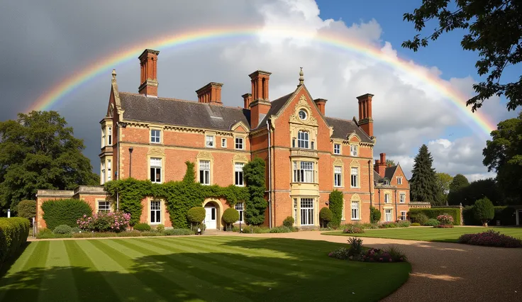the Hartley Manor mansion in England is completely renovated, everything is new and bright, dia de sol, a large rainbow crosses the facade of the mansion, you see birds in the foreground and many flowers, There is a sparkle surrounding the mansion