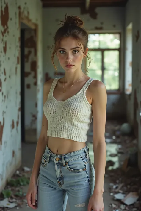 retr0grade90s,Photorealistic, ultra high resolution, full-body candid masterpiece of a youthful German woman (white Caucasian, girl-next-door beauty), slim with a noticeably narrow waist and perky small breasts. Cute heart-shaped face, delicate neck, vivid...