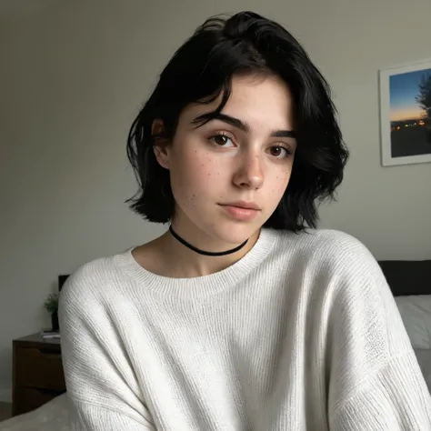 Realistic young woman with short messy black hair and natural brown eyes, subtle freckles across her nose and cheeks, soft natural makeup, wearing a simple white sweater and a black choker. Casual bedroom background with a white wall and a poster slightly ...