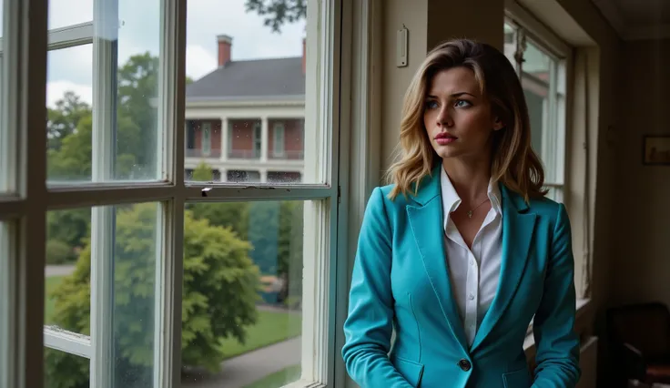 Eleanor, a beautiful and sensual woman (a very beautiful woman, with long brown hair, blue eyes, dressed in 21st century work clothes, suit with turquoise blue jacket, turquoise blue skirt and white shirt), Eleanor, is very sad, teary eyes, she is looking ...