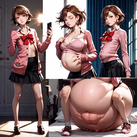 1 girl,weight gain sequence
before and after (before, skinny, flat chested, after, bloated belly, stuffed belly) (tired and exhausted) ((belly rub)), (long breasts:1.3),((, beautiful face, perfect face)),yukaridef, gekkoukan high school uniform, pink car...