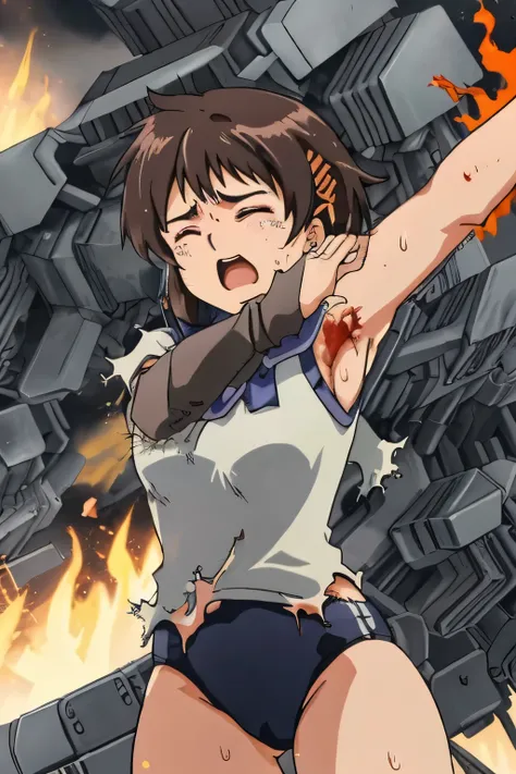 cockpit_explosion, fire, electricity, screaming, explosion, science fiction, tearing clothes, standing, blood, scared, sweat, crying, mecha, torn clothes, tears, cockpit,1girl、wearing black gymnastics bloomers,high leg,white blouse,cowboy shot,self wedgie,...