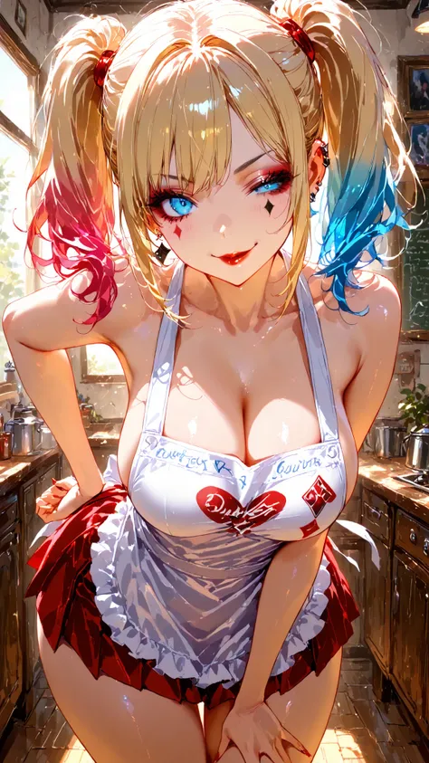 masterpiece,Super Detailed,beautiful face,1womanhood,Harley Quinn,Bang,blue eyes,blond hair,Twin Tails,gradation hair,makeup,piercings,red lips,,random pose,creepy smiles,exposes your shoulders,big breasts,miniskirt,apron,nursery school