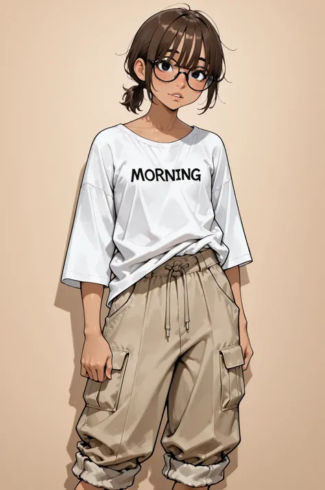 (good morning),
1girl,Super Detailed,absolute resolution,(dynamic angles),(tanned skin:0.3),Japanese girl,(portrait),(pinup),beside viewer,
(white loose T-shirt),((wide pant)),cargo pants,(pants rolled up:1.5)
detailed and beautiful face and eyes,black ey...