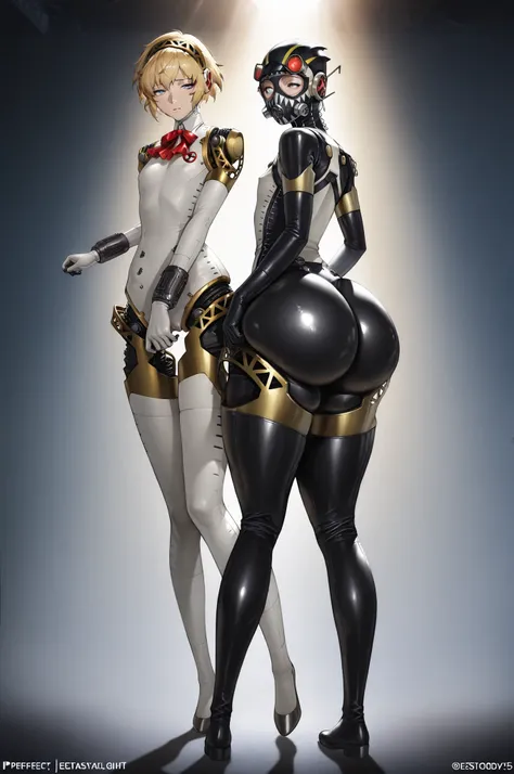1 girl, solo, Aegis_Persona, fembodtweak, (skinny, flat chested:1.3) (lewd expression) (exhaling air, half lidded eyes:1.1) (butt posing) ((fat butt, huge thighs,  narrow shoulders)),  (), ((pretty face, perfect face)), (best quality, Madly detailed CG uni...