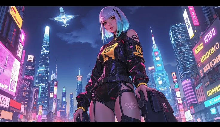 ((Manga artwork cowboy shot) von (perfect Asian cyberpunk girl, wearing detailed Harajuku clothing with company logos)), (((dynamische Pose))), ((LED-Leuchten)), ((Manga-Zeichnung)), ((kinematic lighting)), ((Chiaroscuro)), warme Farben, perfect features ...