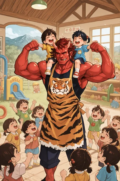 Japanese devil works as a nursery teacher、Muscular Red Ogre、 perm hairstyle、tiger pattern apron、double biceps pose、many kindergarten children gather at the devil's nursery teacher, lol,   in the woods and having fun 、hanging from the devil's arm、kindergart...