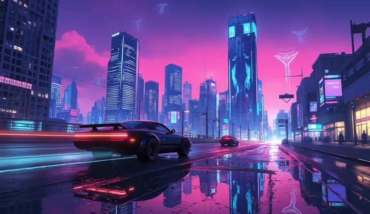Nacht, Wolken mit Blitzen, car turns left, with puddles of water on the road, Nearby buildings, street lights flash, violette Aura um, Kamera im Auto, super detail, trending on artstation, scharfer Fokus, Studiofotos, ((background with futuristic skyscrape...