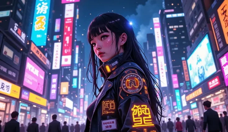 ((Manga artwork cowboy shot) von (perfect Asian cyberpunk girl, wearing detailed Harajuku clothing with company logos)), (((dynamische Pose))), ((LED-Leuchten)), ((Manga-Zeichnung)), ((kinematic lighting)), ((Chiaroscuro)), warme Farben, perfect features ...