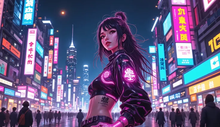 ((Manga artwork cowboy shot) von (perfect Asian cyberpunk girl, wearing detailed Harajuku clothing with company logos)), (((dynamische Pose))), ((LED-Leuchten)), ((Manga-Zeichnung)), ((kinematic lighting)), ((Chiaroscuro)), warme Farben, perfect features ...