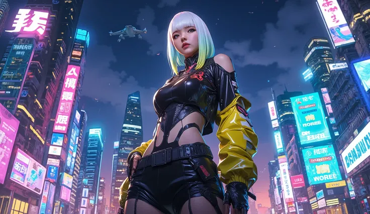 ((Manga artwork cowboy shot) von (perfect Asian cyberpunk girl, wearing detailed Harajuku clothing with company logos)), (((dynamische Pose))), ((LED-Leuchten)), ((Manga-Zeichnung)), ((kinematic lighting)), ((Chiaroscuro)), warme Farben, perfect features ...