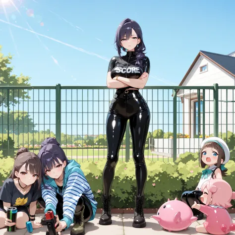 masterpiece, best quality, ultra detailed, anime style, ((villain babysitter, adult woman, (dark circles under eyes:0.75), (half-closed eyes:0.7), (displeased expression:0.65), latex top, latex pants, combat boots, arms crossed, looking at viewer)), multip...