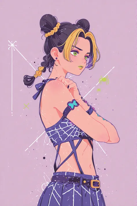 kujo_jolyne, 1girl, hair_bun, solo, double_bun, blonde_hair, two-tone_hair, multicolored_hair, spider_web_print, tattoo, cone_hair_bun, black_hair, braid, skirt, green_lips, midriff, lipstick, makeup