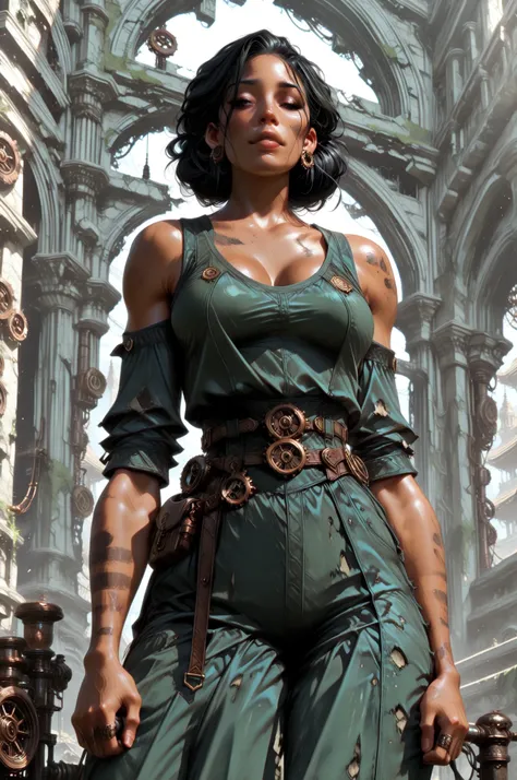 (masterpiece, best quality:1.2), highly detailed, nsfw, rated_excited, solo, 1 girl, mature woman, a female giant, brown toned skin, black hair, athletic body, mechanic legs, steampunk legs, temple ruins n background, fan art, character design 