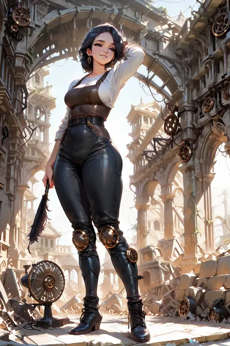 (masterpiece, best quality:1.2), highly detailed, nsfw, rated_excited, solo, 1 girl, mature woman, a female giant, brown toned skin, black hair, athletic body, mechanic legs, steampunk legs, temple ruins n background,full body fan art, character design 