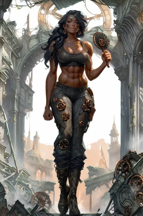 (masterpiece, best quality:1.2), highly detailed, nsfw, rated_excited, solo, 1 girl, mature woman, a female giant, brown toned skin, black hair, athletic body, mechanic legs, steampunk legs, temple ruins n background,full body fan art, character design 