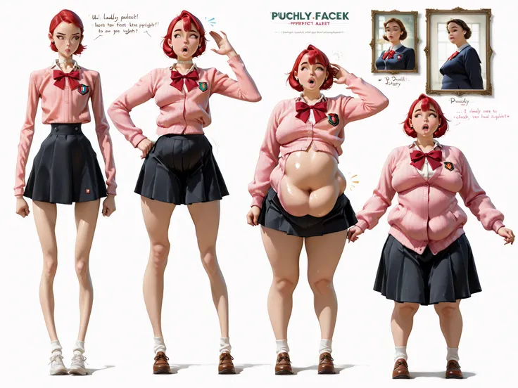 1 girls solo,yukaridef, gekkoukan high school uniform, pink cardigan, red bow, long sleeves, black skirt, earrings, white choker () (lewd expression) (weight difference,skinny,plump:1.2) () ((doughy belly, narrow shoulders)),  (), ((pretty face, perfect fa...