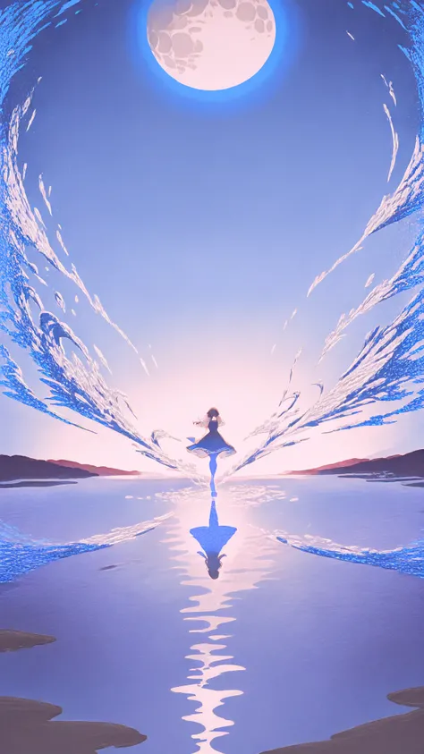 extremely beautiful woman dancing gracefully on the surface of a quiet lake, viewed from a great distance, using the power of water, surrounded by splashes and flowing water illusions, under a mystical night sky with stars and a glowing moon, magical and s...