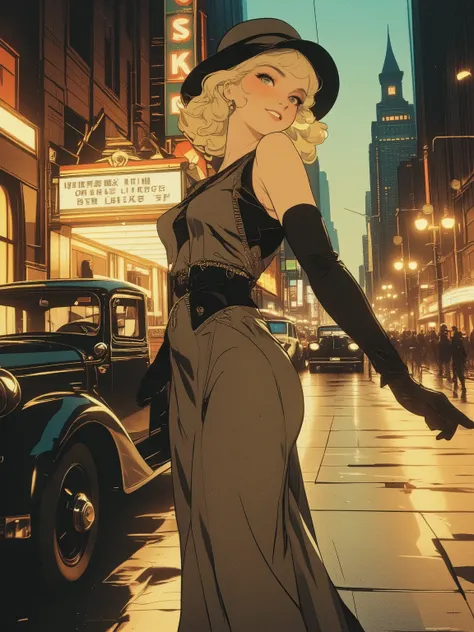 1930s, full colored picture, a mischievous pin-up girl vibe, giving a cute, squinty smile, elegant pinup girl in silk bias-cut midi dress, soft finger waves hairstyle, delicate geometric Art Deco patterns, long gloves and cloche hat,
dancing on an Art Dec...