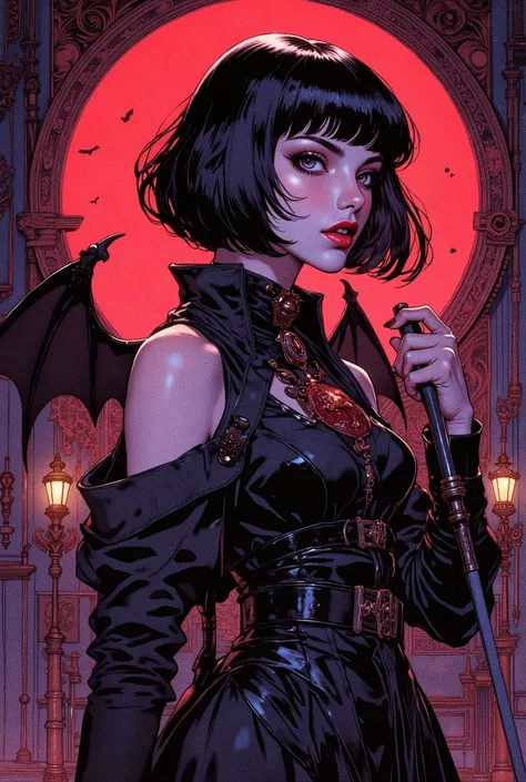 ( envelopes, sketch:1.2),realistic,Illustrator,animated,A vampire girl , showing her fangs, Nostalgic, depressive, gothic emblem in the chest, labios detallados, bat wings, elegant black dress, bare shoulder,HABIT, (dark monochrome background),Neon hair...